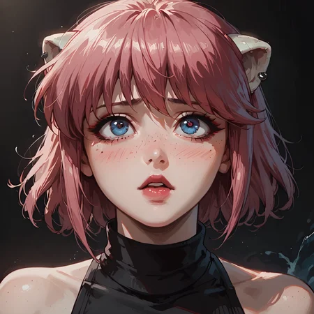 score_9, score_8_up, score_7_up, pinup girl pose,seductive, lucy, 1 sexy girl, pink hair, bob hair, wave hair, makeup, lipstick, big round eyes, turtleneck, looking up, (blushing:1.1), shy, rounded eyes, (perfect eyes:1.2), small breasts, cleavage, perfect face, (curvy body:1.3), semi realistic, black background, heavy freckles, simple background, 80s, retro, emo, goth, eyelashes closeup shot, close up, macro shot, <lora:Concept Art Twilight Style SDXL_LoRA_Pony Diffusion V6 XL> <lora:Expressive_H-000001><lora:add-detail-xl> <lora:Char-LucyEL-pony.safetensors:0.8> <lora:GTHAN.safetensors:0.3> <lora:KenvaRetro.safetensors:0.3>, , ,