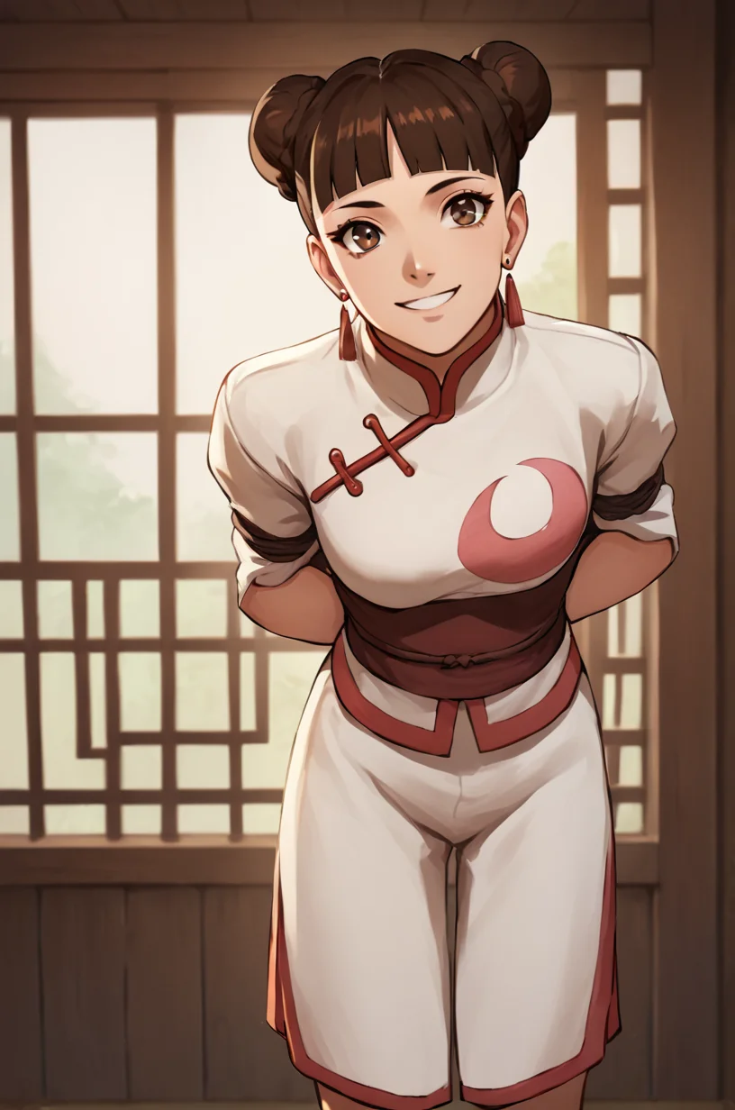 score_9, score_8_up, score_7_up, BREAK ,
1girl, standing, leaning forward, arms behind back, smiling, looking at viewer,
short hair, brown hair, brown eyes, blunt bangs, hair bun, double bun, chinese clothes, TentenPTS, earrings <lora:Ten_Ten_BorutoWedding_ark:0.8>