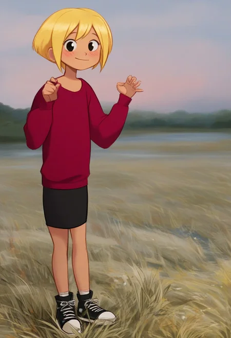 score_9, score_8_up, score_7_up, colorful, masterpiece, rim lighing, saturated colors, full-body image, cute girl, detailed eyes, pin-up pose, flat chest, cute girl, blonde hair, red sweater, black miniskirt, black converse shoes, cartoony artstyle, mangamaster style, cute smile, detailed lighting, looking at viewer, black eyes, hands at the sides, blushing, black skirt, detailed background, sunset, tall grass, trees in the background, detailed clouds in the background, river, perfect face, perfect face details,