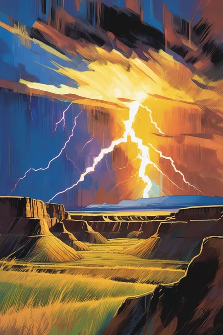 <lora:Noah Bradley Style:1>Noah Bradley Style - A Print of a A dramatic shot of a lightning strike over the Badlands National Park, with the bolt illuminating the landscape. In an Expressionistic style