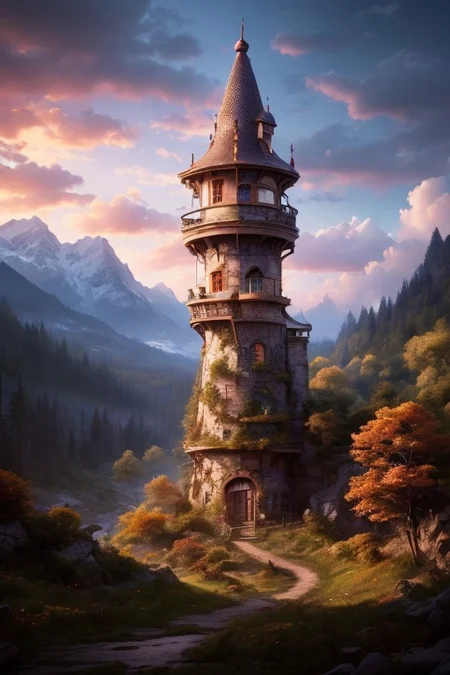 realistic analog photo, award winning photo, vary wide shot of magic stone witow tower:1.3, (Military watchtower), scenery,  fantasy, hills, dirt road, nature, outdoors, RAW, highres, 8k, uhd, High Dynamic Range, tonemapping, crisp details,