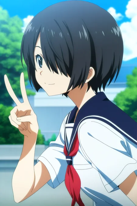 1girl, black hair, from side, hair over one eye, school uniform, short hair, v, summer,
, anime screencap,