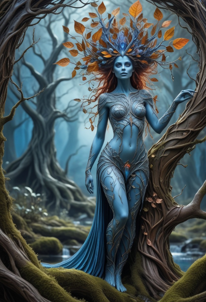 best quality, a fantastical appearence of a dryad with whimsical elements, magical fairytale landscape, fantasy style art, steel blue theme, intricate details, ultra sharp, exquisite detail, flawless composition, vivid colors, masterpiece, exciting background