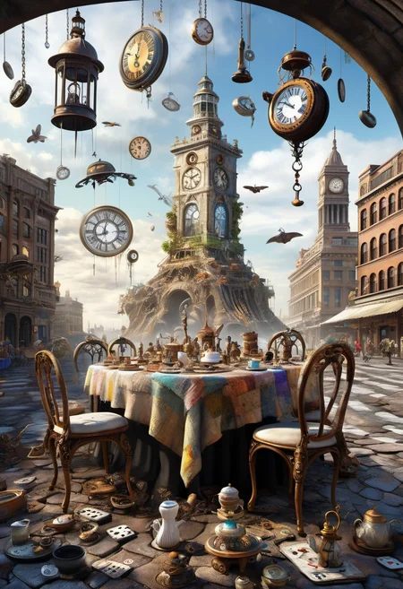 hyper detailed masterpiece, dynamic realistic digital art, awesome quality,atmospheric phenomena pothole,restorative white rabbit's clock tower,ancient public plaza skybox / skydome,electric waterspouts, skyline,patient,crumbling,deteriorating,organic,nervous,proactive,steampunk,DonMT34P4rtyXL <lora:DonMT34P4rtyXL-v1.1-000008:0.8>