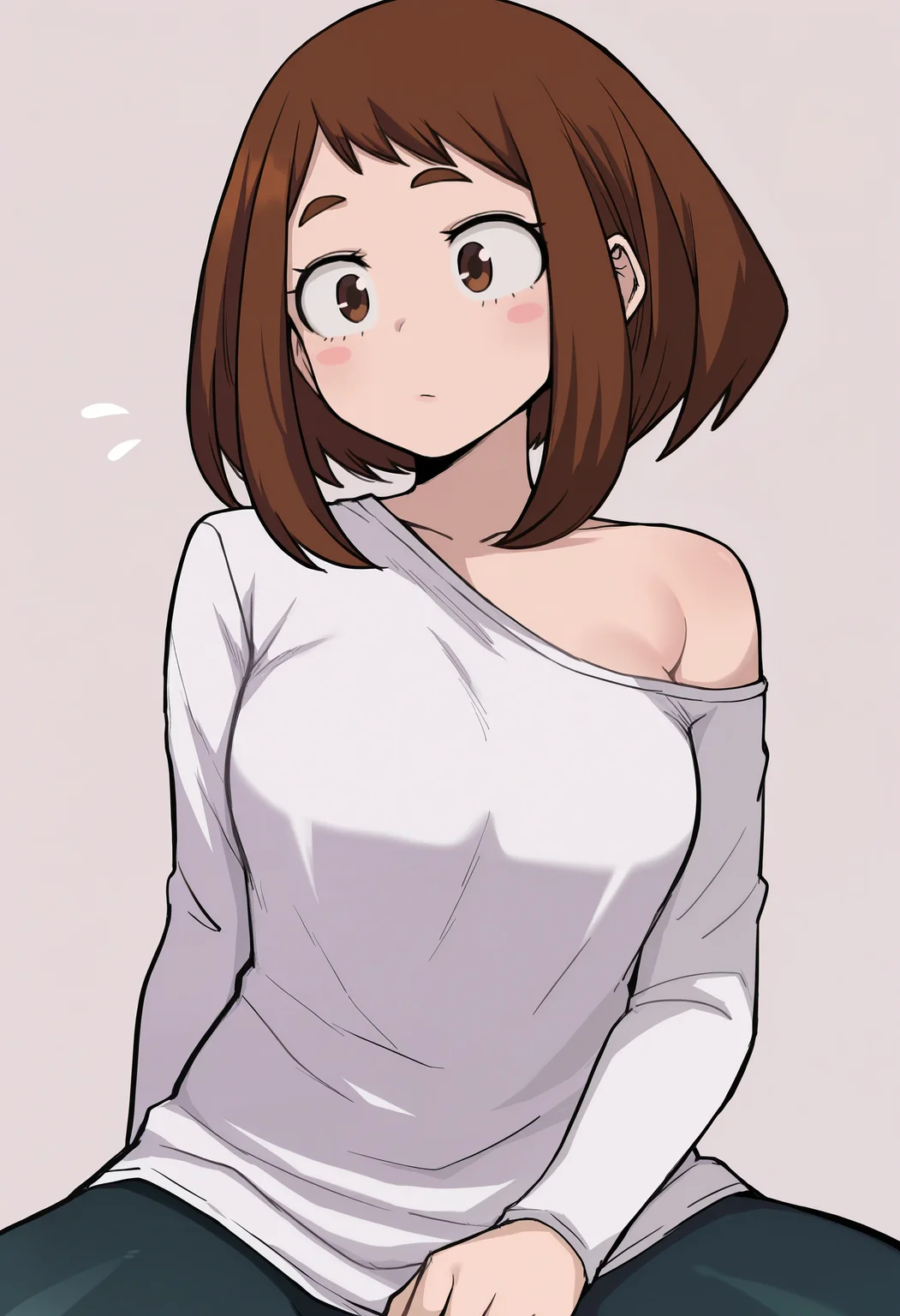 1girl, solo, uraraka ochako, white shirt, single off shoulder, long sleeves, 
masterpiece, best quality, <lora:chihel-guy90-Illust-Lycorisv1:1> lehihc
