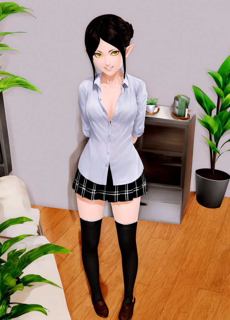 Harem_Hotel_Lin, 1girl, solo, looking at viewer, smile, shirt, black hair, thighhighs, medium breasts, yellow eyes, open clothes, pointy ears, indoors, white thighhighs, open shirt, dress shirt, no bra, arms behind back, plant, potted plant, naked shirt, <lora:Harem_Hotel_Lin-03:0.8>,