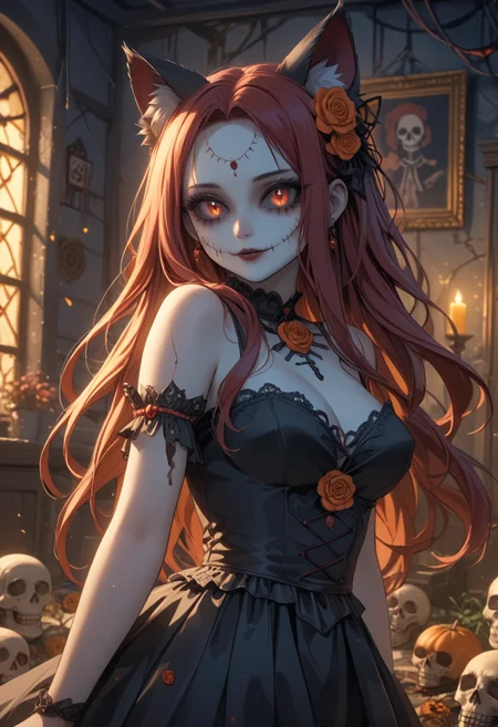 score_9, score_8_up, score_7_up, score_6_up, dynamic, (anime, masterpiece), best quality, (8k), detailed background, sharp focus, intricate, ambient lighting, super high quality, hyper detailed background, cinematic lighting, adult, double tone long hair, mature, Day of the Dead, embedding:zPDXLxxx, spooky, cat ears, long dress, posing, abandoned house, addDetailXl.MLUV, Nyaomi<lora:Nyaomi.safetensors:1.0:1.0> <lora:addDetailXl.MLUV.safetensors:1.0:1.0>