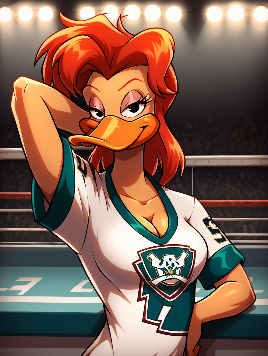 score_7, score_8, score_9, detailed background,inside,sportsbar,on bar stool,,lights,,ultra high detailed,masterpiece,full body, BREAK Solo, 1girl,female,seductive eyes,long eyelashes,half closed eyes, furry,anthro, <lora:Mallory_McMallard_Might_Ducks:0.8> mallory_mcmallard, duck, red hair,solo, single, beak, long eyelashes, black eyes, ,medium breasts,portrait,hockey jersey,cleavage,pulling neckline down,neckline pull,,,short sleeves,,perfect eyes, perfect face,smirk,half-closed eyes,seductive,hand on top of breast,number 15 on sleeve, white hockey uniform with red and teal accents, mighty ducks logo on chest,hand behind head,arm up,