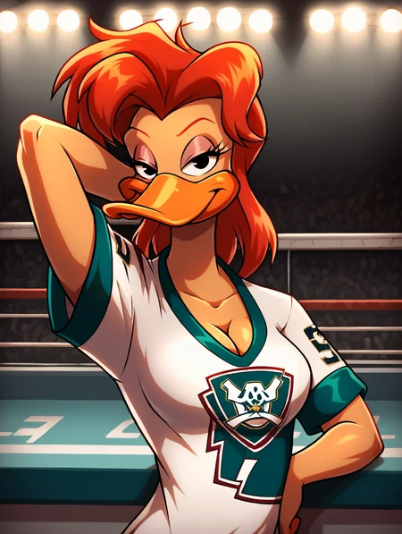 score_7, score_8, score_9, detailed background,inside,sportsbar,on bar stool,,lights,,ultra high detailed,masterpiece,full body, BREAK Solo, 1girl,female,seductive eyes,long eyelashes,half closed eyes, furry,anthro, <lora:Mallory_McMallard_Might_Ducks:0.8> mallory_mcmallard,  duck, red hair,solo, single, beak, long eyelashes, black eyes,  ,medium breasts,portrait,hockey jersey,cleavage,pulling neckline down,neckline pull,,,short sleeves,,perfect eyes, perfect face,smirk,half-closed eyes,seductive,hand on top of breast,number 15 on sleeve, white hockey uniform with red and teal accents, mighty ducks logo on chest,hand behind head,arm up,