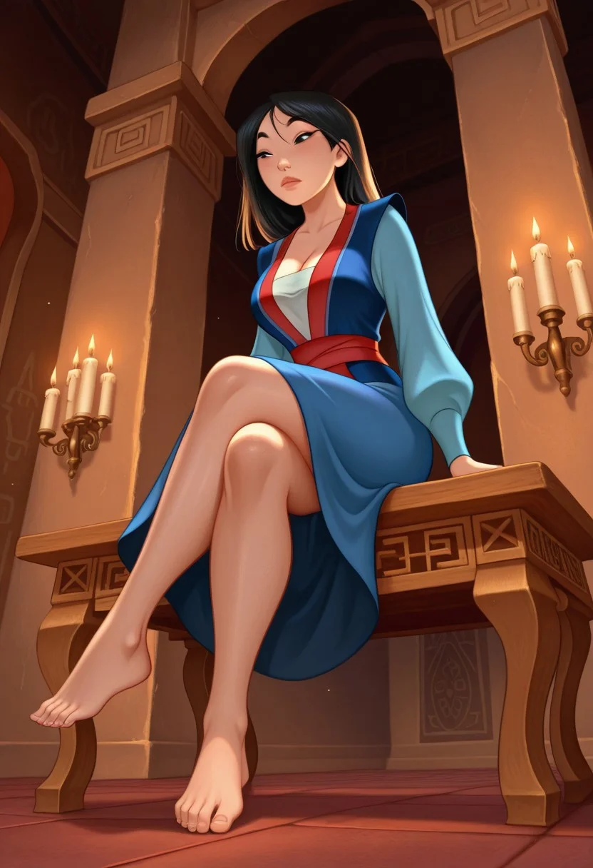 solo, MulanXL, blue dress, blue skirt, cleavage, red sash, blue long sleeves, japanese clothes, long hair, black hair, black eyes, pointy eyes, barefoot, large breasts, sitting in small table, brown table, crossed legs, from below, from below, palace, indoor palace, candles, ceramic corridor, brown wall, red ceramic floor,