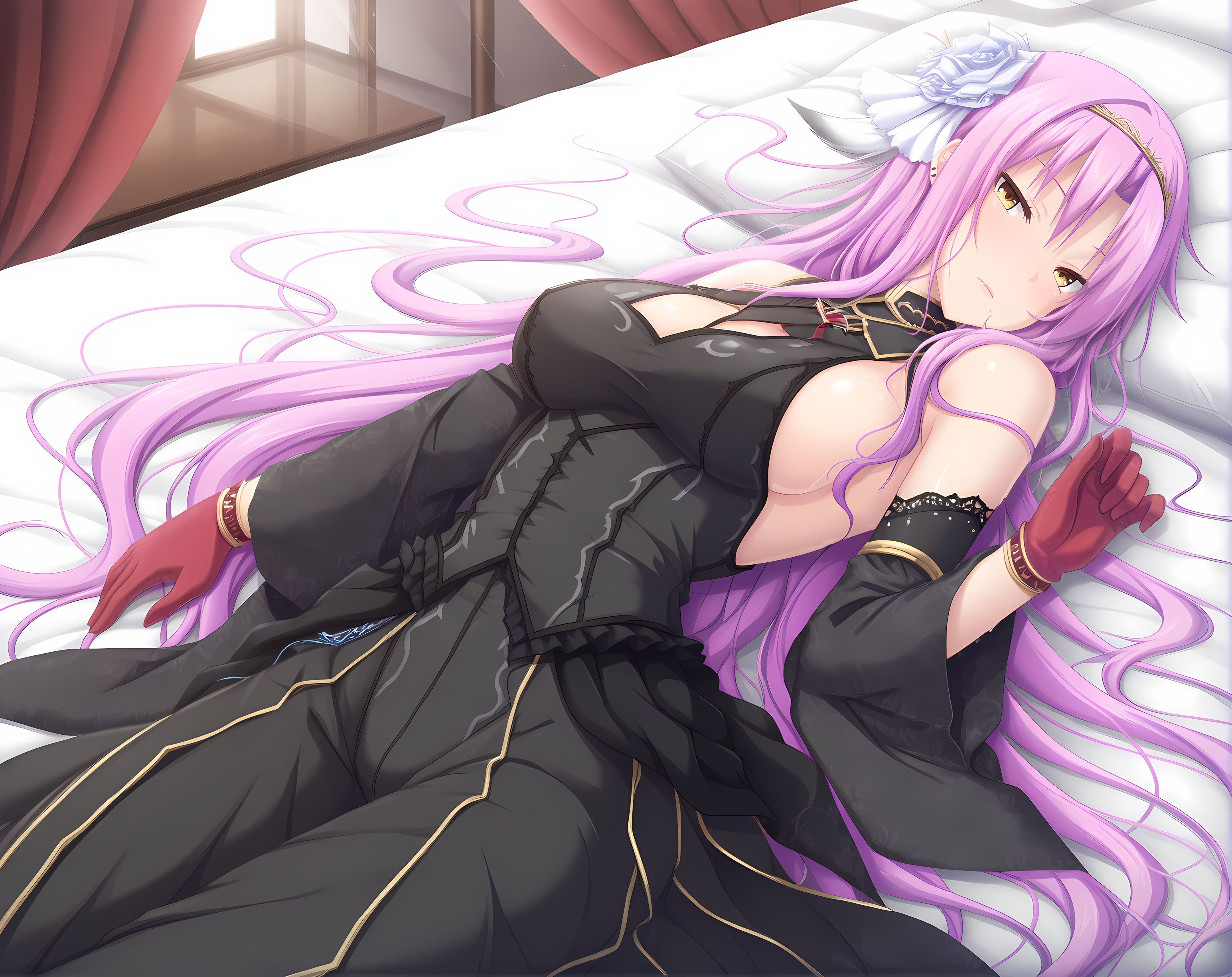<lora:Feruano:1>,feruano,purple hair,hair between eyes,very long hair,yellow eyes,solo,base outfit,lying,bed,bedroom,, masterpiece,best quality,amazing quality, very aesthetic, absurdres,detailed eyes,ultra-detailed,