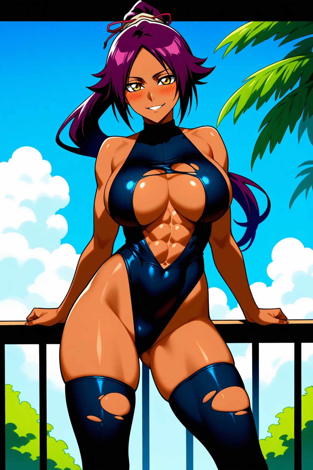 bleach, shihouin yoruichi, 1girl, abs, against railing, black leotard, black thighhighs, blue sky, blush, breasts, cloud, contrapposto, dark-skinned female, dark skin, glass, jewelry, large breasts, leotard, long hair, looking at viewer, ponytail, purple hair, railing, sky, smile, solo, thighhighs, torn clothes, torn leotard, torn thighhighs, tree, yellow eyes, masterpiece, best quality, great quality, very aesthetic, aesthetic, absurdres