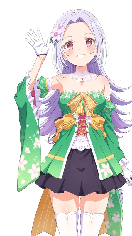 1girl,looking_at_viewer,smile,Nadeshiko,hair ornament,hair flower,idol,gloves,white gloves,thighhighs,white thighhighs,wide sleeves,black skirt,waving,white_background,simple background,anime screenshot,sincos,<lora:Nadeshiko_Illustrious_v3:1>,, masterpiece, best quality