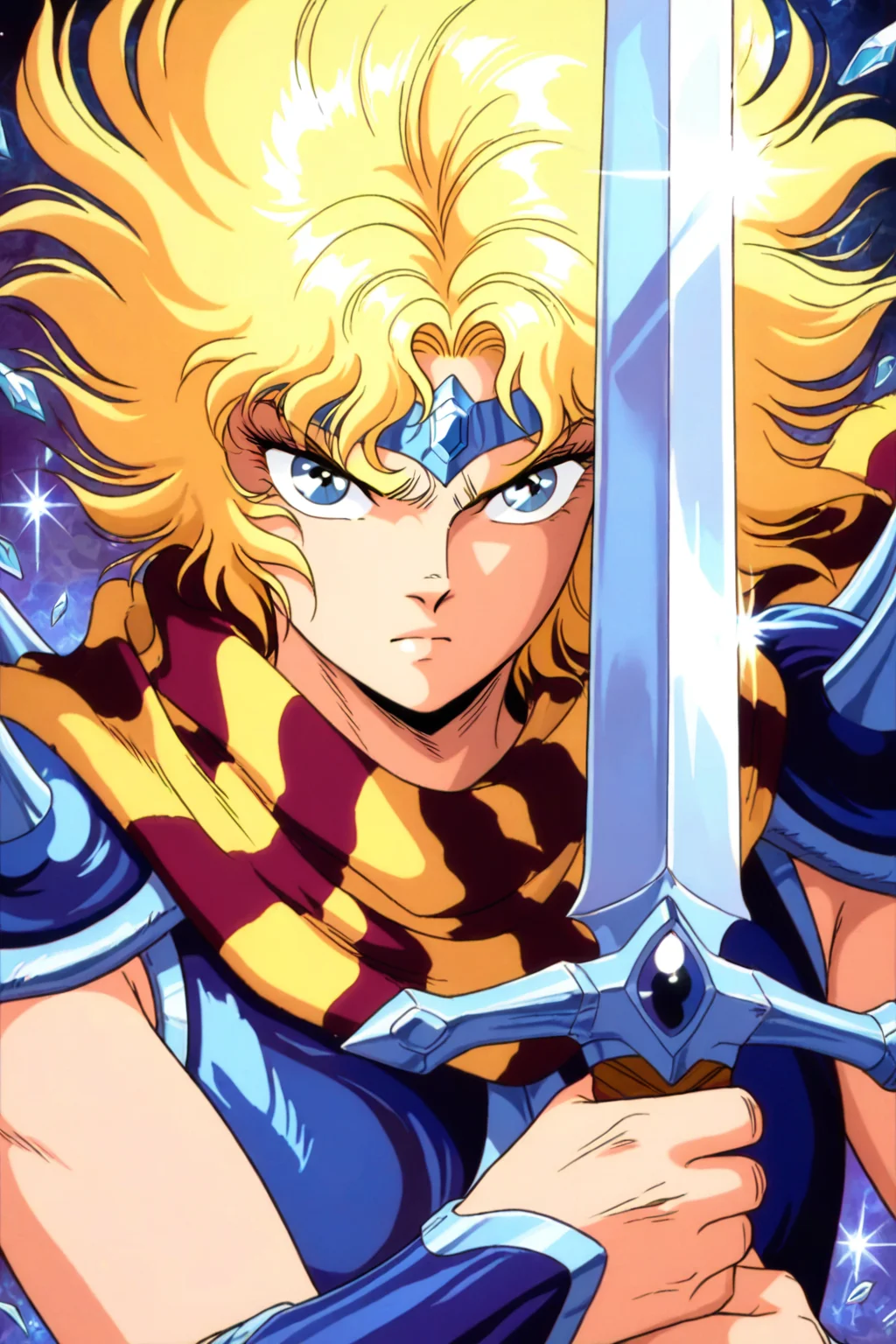 masterpiece, best quality, amazing quality, very aesthetic, absurdres, newest, zodikki1, kurumada hair, kurumada eyes,ceodorff4tay, 1boy, short blonde hair, sleeveless, circlet, patterned scarf, spiked pauldrons, blue armor, blue vambraces, close up, looking at viewer, holding sword, reflective weapon, crystalized background, serious