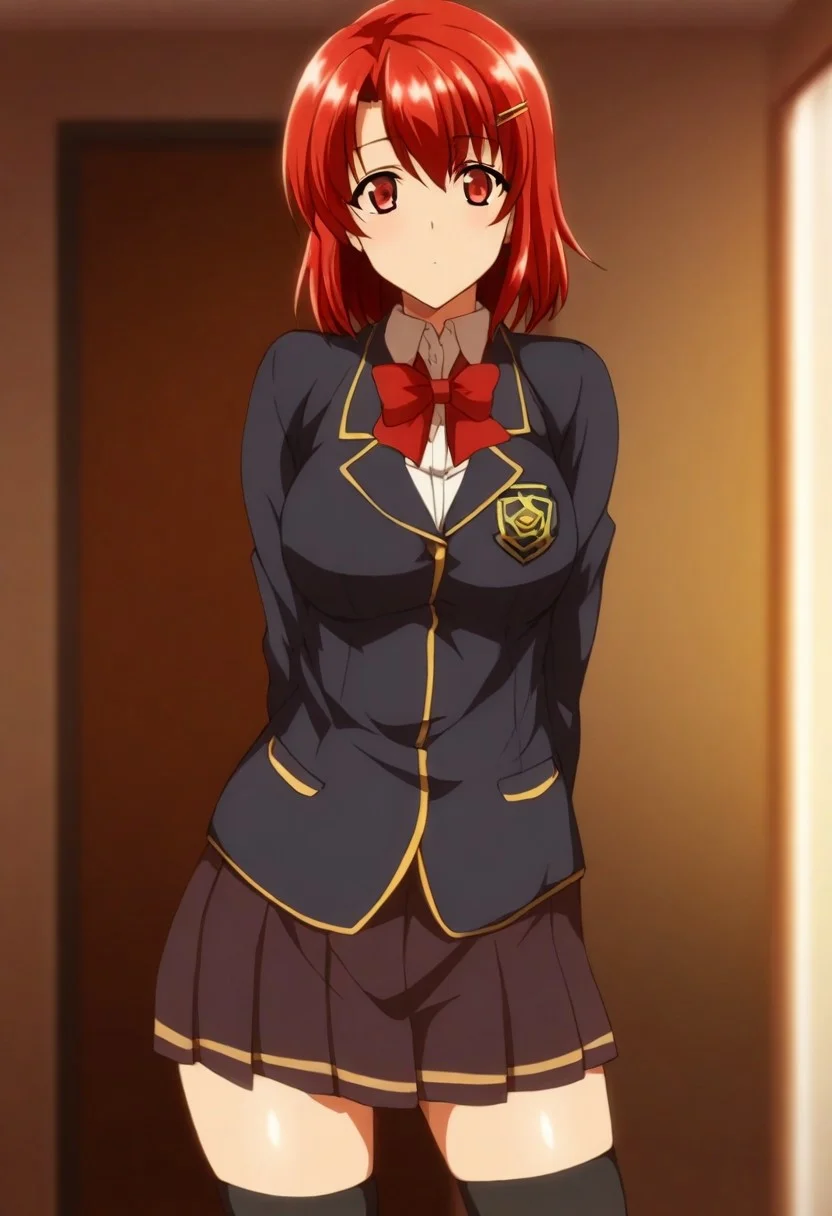 score_9,score_8_up,score_7_up,score_6_up,blurry, blurry background,1girl,obatay,red eyes,red hair,short hair,breasts,school uniform,skirt,pleated skirt,blazer,zettai ryouiki,bow,bowtie,red bow,thighhighs,black thighhighs,hair ornament,hairclip,sexy thighs,upper body,volumetric light,standing,posing,friendly,indoors,living room,cowboy shot,dutch angle