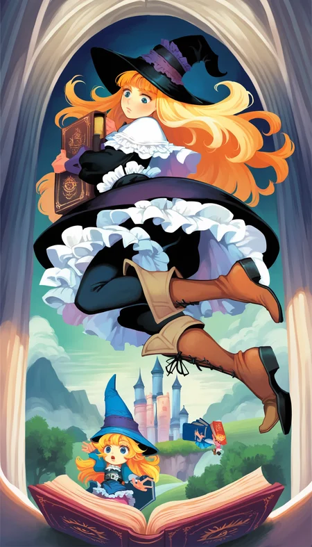 score_9,score_8_up,score_7_up,
<lora:vanillawareStyle:1>,
lillet blan,1girl,blonde hair,long hair,witch hat,blue eyes,looking down,suprised look,lillet blan dress,white cape,black legwear,brown boots,full body,adjusting hat,falling,book,falling book,a gnome on the ground with arms wide open and trying to catch falling books,indoors,dark,castle,simple background,