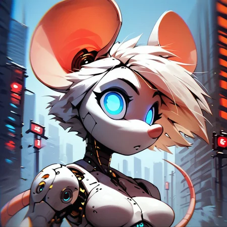 Jed-Rbmls, B3ck13M0us3, Anthro mouse, solo, portrait, score_9, score_8_up, score_7_up, score_6_up, robotic mouse, transparent hair, looking left, robotic skin, medium breasts, metal body, glowing eyes, city street, access port,