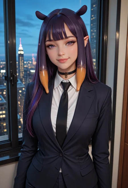 ultra-detailed,masterpiece, best quality, good quality, 8k,beautiful eyes, detailed eyes, detailed face, 
BREAK
ninomae inanis, pointy ears, long hair, purple hair, multicolored hair, blunt bangs, tentacle hair, sidelocks, purple eyes, choker,
BREAK
Black Business Suit, Dress Pants, white undershirt, black tie,
BREAK
seductive smile, standing,
BREAK
Intricate, detailed background, colorful, detailed background, dynamic angle, volumetric lighting, cinematic lighting,
BREAK
Indoors, Modern Apartment, Large window showing a cityscape at night,
BREAK
artist:moriimee,  <lora:MoriiMee_Gothic_Niji_Style_Illustrious_r1:0.6>, <lora:PowerPuffMixLora:0.5>,
BREAK
