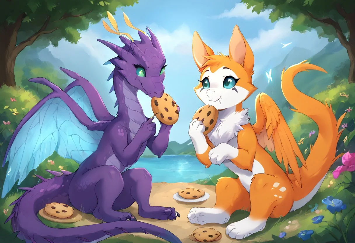 by cherrikissu, score_9, score_8_up, score_7_up, high quality, Expressiveh, valley background, water, flowers, duo, plate of cookies, eating cookies, sitting, happy,
2girl, (fidget_daet, nimbat, feral, furry female, wings, tail, orange fur, white fur, two-tone fur, green eyes, colored sclera),
(a1vu, dragon, purple scales, feral, wings, blue fairy wings, blue eyes, quadraped),