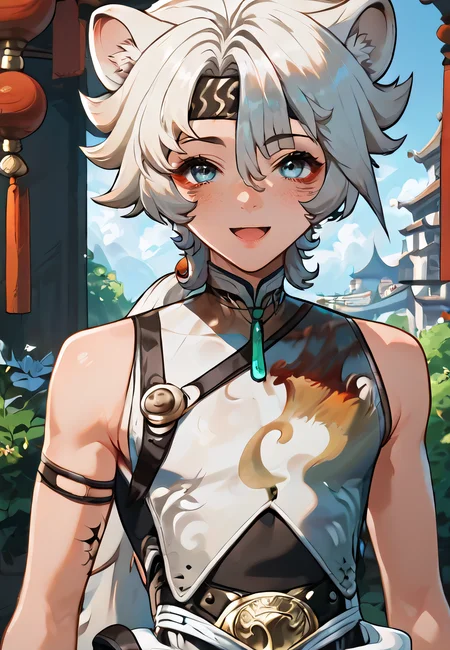 score_9, score_8_up, score_7_up, all in one, masterpiece, best quality, lots of details, (1boy:1.3), male focus, (narrow waist:1.5), <lora:sdxl_lightning_8step_lora:0.75> , closed mouth, shaded, detailed shading, detailed skin, shaded skin, realistic shading, looking at viewer, countershading:1.1, outdoors, <lora:add-detail-xl:0.7>, <lora:Smooth Anime 2 Style SDXL_LoRA_Pony Diffusion V6 XL:0.65>, , , , sloppy open mouth, cute smile, , hair between eyes, <lora:lingyang-08:0.85>, (lingyang:1.3), blue eyes, tail, animal ears, default outfit, (upper body:1.2),