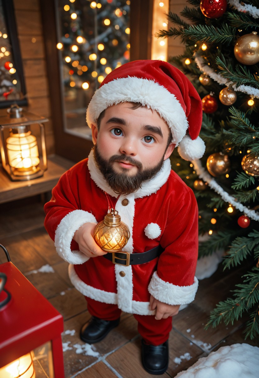 score_9, score_8_up, score_7_up, ,High angle perspective digital painting: Adorable animated baby Santa, large sparkling eyes, rosy cheeks, fluffy white beard, red suit, snow, decorated Christmas tree, glowing lights, golden ornaments, warm red lantern, soft bokeh background, looking down.
chrlib,