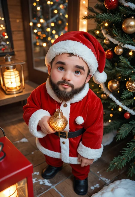 score_9, score_8_up, score_7_up, ,High angle perspective digital painting: Adorable animated baby Santa, large sparkling eyes, rosy cheeks, fluffy white beard, red suit, snow, decorated Christmas tree, glowing lights, golden ornaments, warm red lantern, soft bokeh background, looking down.
chrlib,