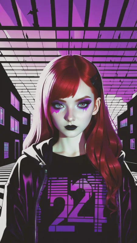 dark shot, city street, pastel goth, sexy goth girl, photo of cute 24 y.o redhead woman, cinematic shot, hard shadows, photorealistic, cute face, looking at viewer, glitched face effect, shattering skin effect, colorful outfit, witch purple clothes, glitched background effect