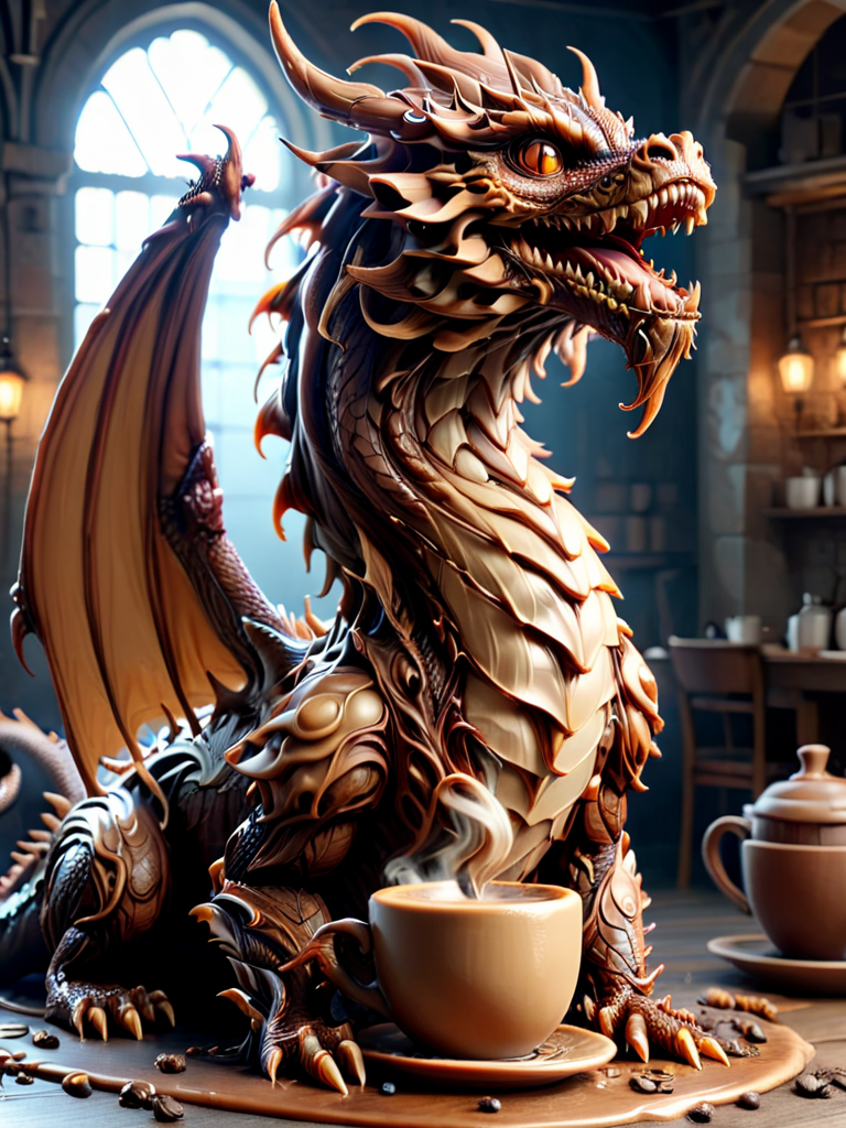 cofzee, a very pretty dragon statue with a big mouth, made out of coffee <lora:cofzee:1>