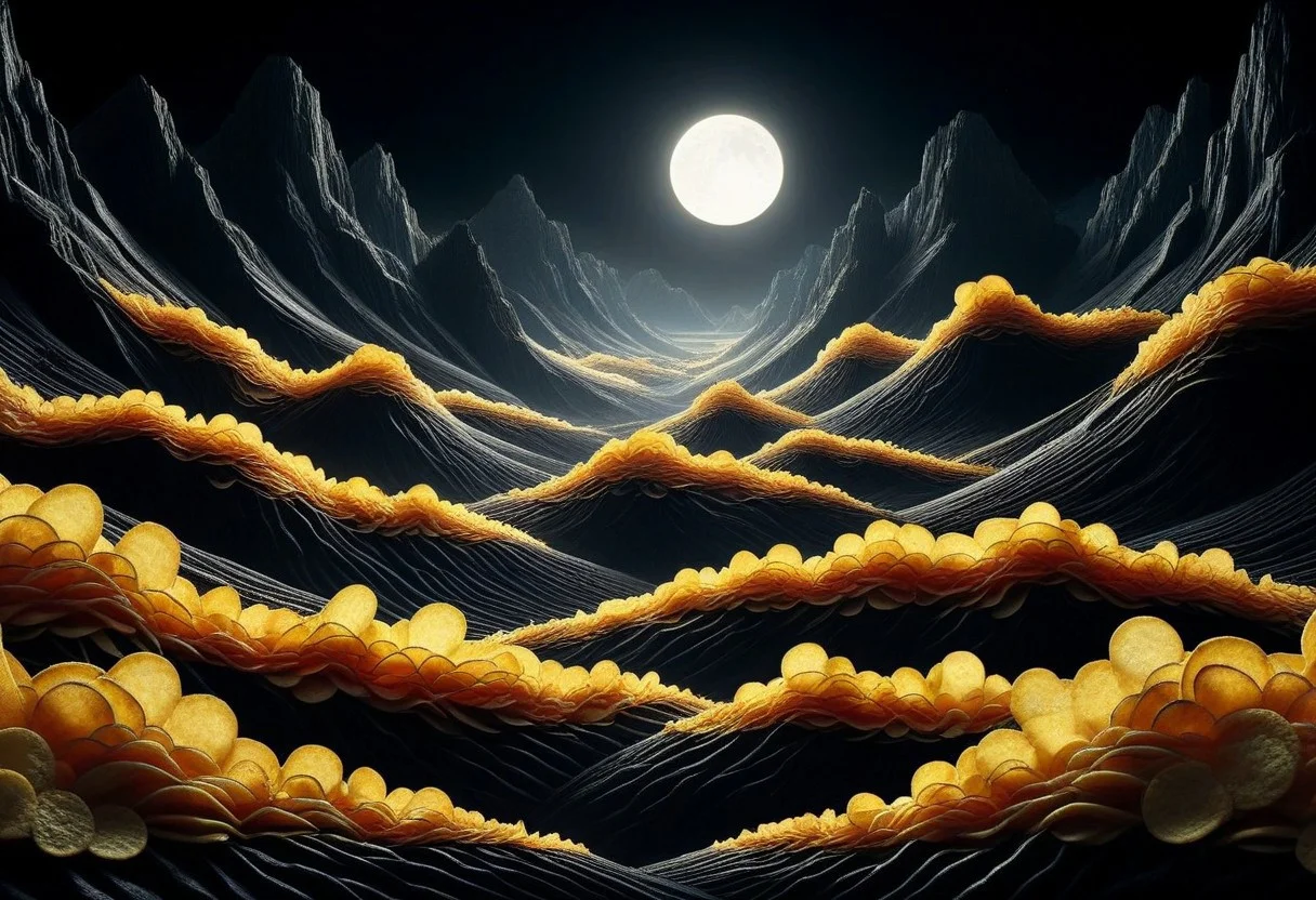 A photorealistic image of a massive open landscape made out of potato chips, intricate details, dramatic composition, tension, contrast, texture, realism, high quality, stunning art, volumetric lighting, detailed, intricate, simple black background,