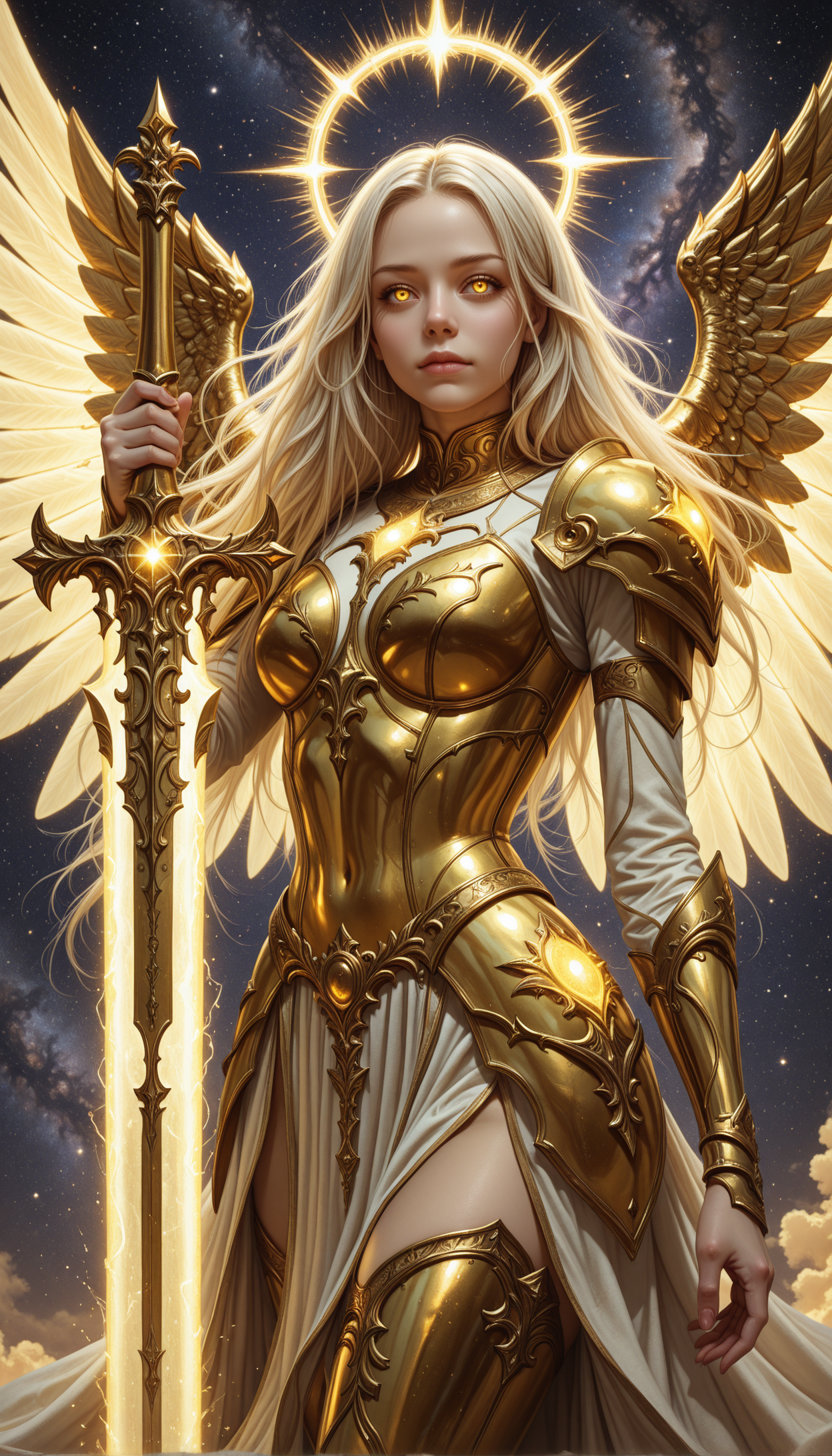 1girl, short platinum blonde hair, radiant golden armor, intricate engravings, celestial wings, holding a glowing longsword, floating in a starry sky, divine presence, dramatic lighting masterpiece, best quality, amazing quality, very aesthetic, absurdres, detailed eyes, newest, realistic, <lora:PinkieDarkCanvasIL-V2:0.7>, pinkdarkcanvas,
