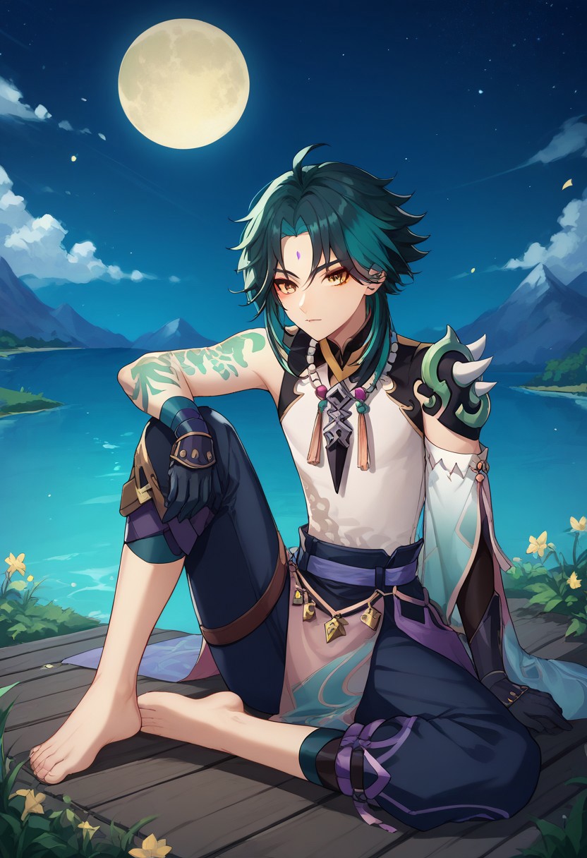 score_9, score_8_up, score_7_up, source_anime, highly detailed, 
xiao, 1boy, male focus, solo, green hair, black hair, two-tone hair, ahoge, yellow eyes, facial mark, forehead mark, bangs, shirt, white shirt, sleeveless, single detached sleeve, shoulder armor, shoulder spiked, spiked, tattoo, arm tattoo, jewelry, beads, necklace, bead necklace, tassel, gloves, black gloves, pants, barefoot,
outdoor, oriental, sitting, on ground, full moon, huge moon, river,