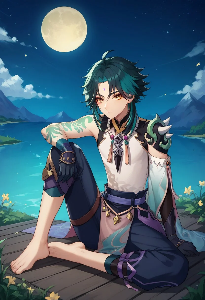 score_9, score_8_up, score_7_up, source_anime, highly detailed,
xiao, 1boy, male focus, solo, green hair, black hair, two-tone hair, ahoge, yellow eyes, facial mark, forehead mark, bangs, shirt, white shirt, sleeveless, single detached sleeve, shoulder armor, shoulder spiked, spiked, tattoo, arm tattoo, jewelry, beads, necklace, bead necklace, tassel, gloves, black gloves, pants, barefoot,
outdoor, oriental, sitting, on ground, full moon, huge moon, river,