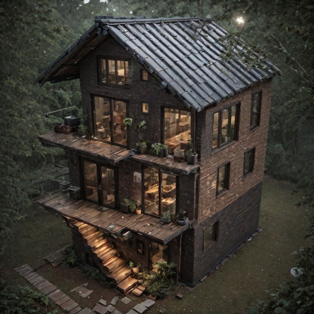 (a small house with chimney,  big window,  metal roof,  wooden floor:1.3),  (shot from outside,  extra long shot,  wide-angle lens,  POV,  DOF:1.2),  (direct sunlight,  dramatic lighting,  ray tracing,  clear shadow,  light pollution:1.1),  (harmonious color:1.1),  brickhouse, great lighting, shadowrun_character, shadowrun_dungeon, shadowrun_surface, shadowrun_dungeon_party, shadowrun_party, cyberpunk, netrunner, enforcer, shaman, oni, courier, neo-aztec, high-tech lowlife, masculine, feminine, OverallDetail, treehouse, void