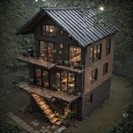 (a small house with chimney, big window, metal roof, wooden floor:1.3), (shot from outside, extra long shot, wide-angle lens, POV, DOF:1.2), (direct sunlight, dramatic lighting, ray tracing, clear shadow, light pollution:1.1), (harmonious color:1.1), brickhouse, great lighting, shadowrun_character, shadowrun_dungeon, shadowrun_surface, shadowrun_dungeon_party, shadowrun_party, cyberpunk, netrunner, enforcer, shaman, oni, courier, neo-aztec, high-tech lowlife, masculine, feminine, OverallDetail, treehouse, void