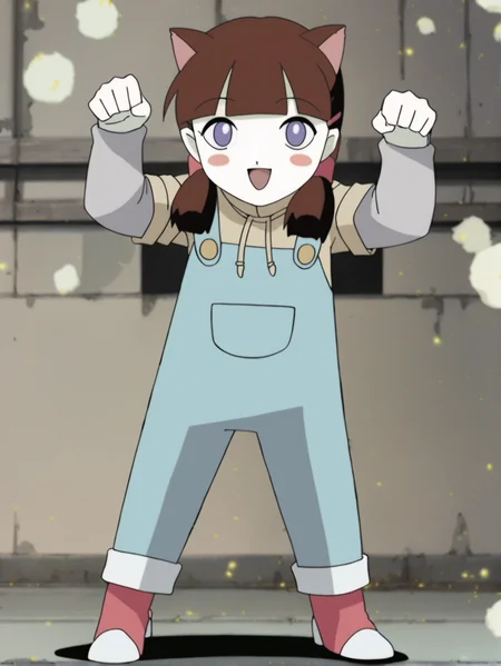 rating_questionable, source_anime, score_9, score_8_up, score_7_up, anime screencap, solo, looking at viewer, barefoot, barefoot, 1girl, <lora:Tami_(TheBigO)_v0a:0.8> tami_\(the_big_o\), pale skin, brown hair, blush stickers, purple eyes, twintails, hairclip, red white footwear, blue overalls, gray long sleeves, 1990s \(style\), baggy clothes, simple background, ((paw pose:1.2, :3:1.3)), cute pose, cute, big smile, cat by leg, cat girl,