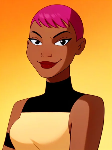 score_9, score_8_up, score_7_up, rainbow gradient background,
1girl, solo, portrait, cowboy shot, looking at viewer, warm closed mouth smile, maxBB, dark-skinned female, dark brown skin, pink hair, very short hair, lipstick, sleeveless turtleneck <lora:maxBB_PDXLv1.83:1>