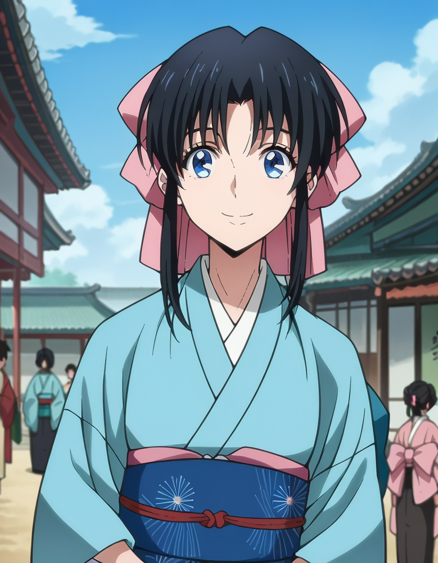 score_9, score_8_up, score_7_up, source_anime,
kaorukamiya, <lora:kaoru-kamiya-ponyxl-lora-nochekaiser:1>
kaoru kamiya, blue eyes, black hair,
japanese clothes, kimono, sash, obi, pink bow, bow, hair bow,
outdoors, smile,
looking at viewer, dutch angle, cowboy shot
