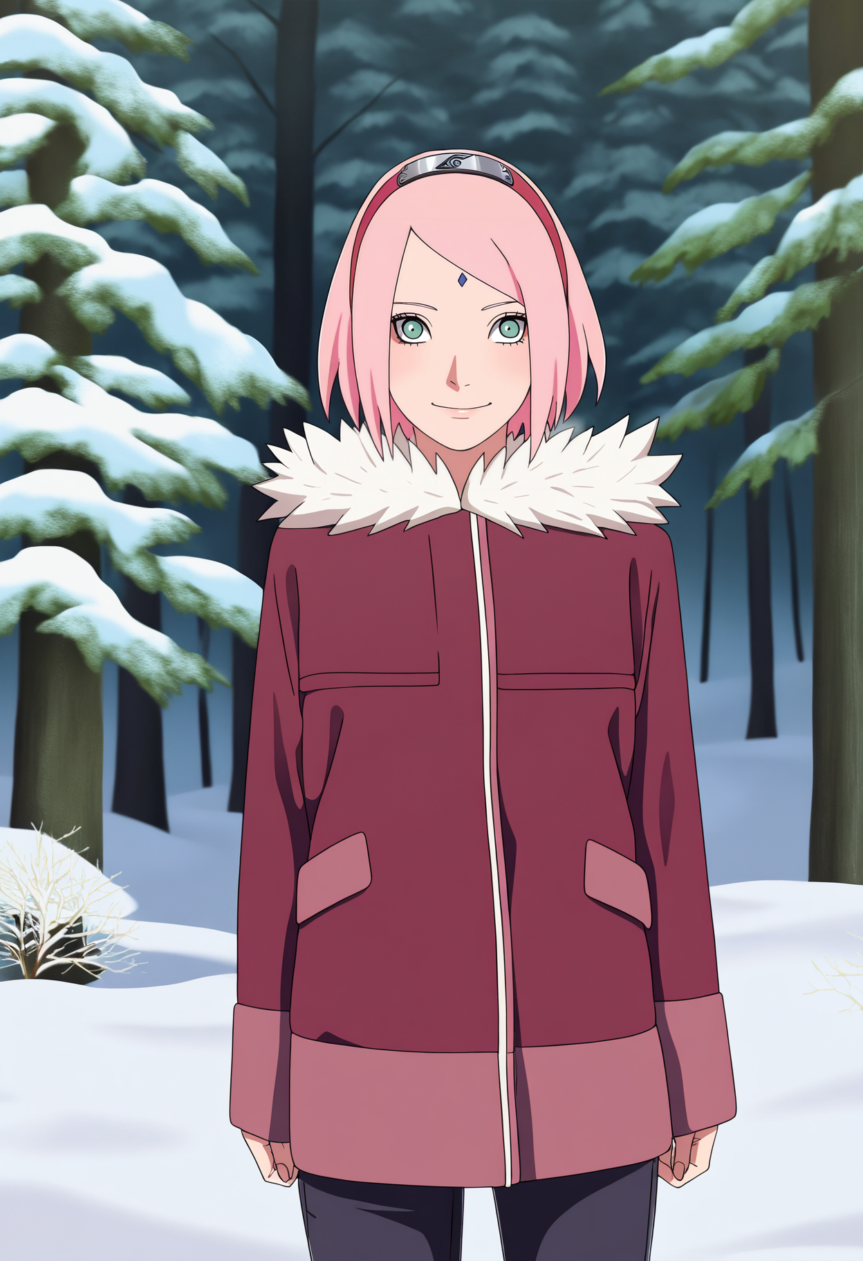 masterpiece, best quality, very aesthetic, absurdres,
1girl, haruno sakura, pink hair, short hair, green eyes, hairband,
forehead mark,
winter clothes, pants, coat, fur trim, long sleeves,
smile, solo, looking at viewer, trees, forest, winter, snow,    <lora:SakuraTheLastNoobXL_byKonan:1>