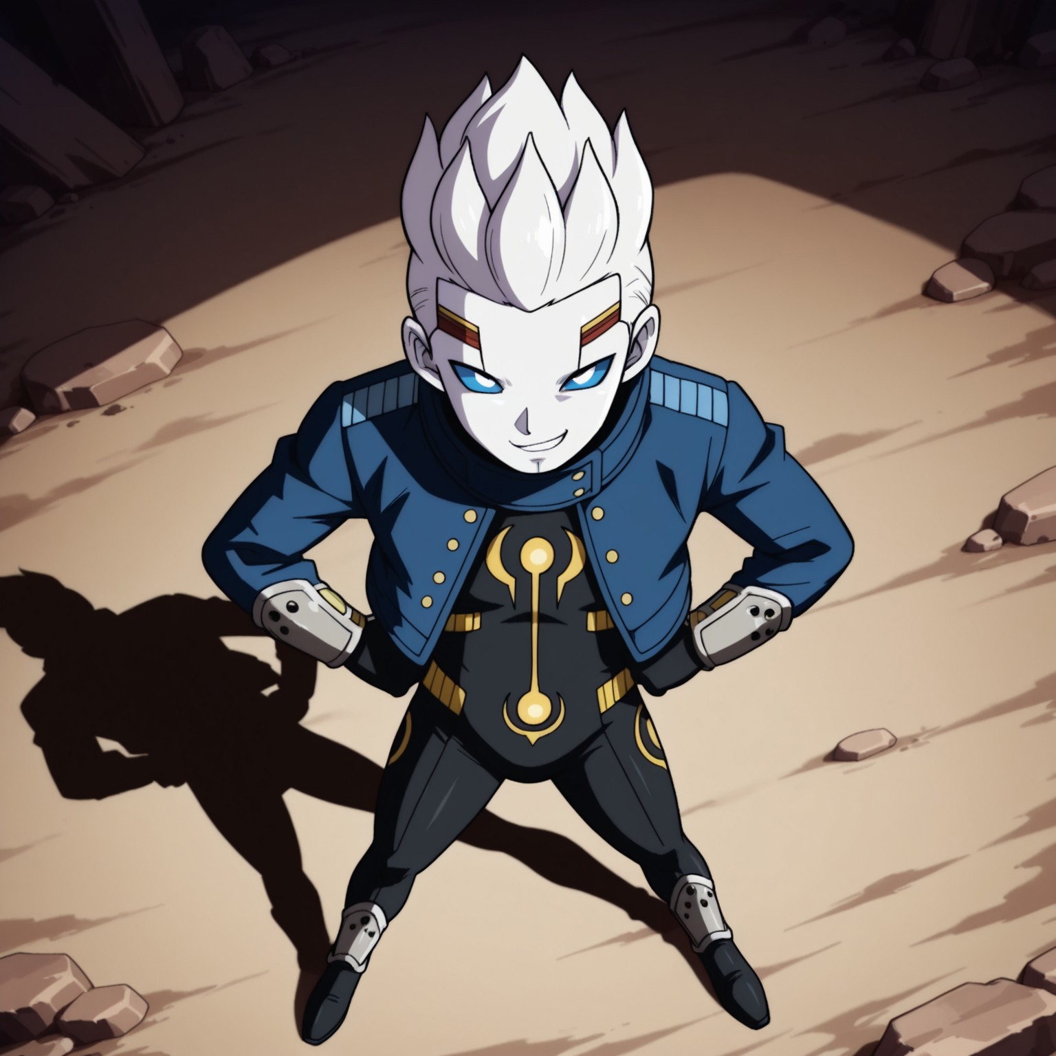 2d, 1boy,  Oren, male, humanoid, white spiky hair, white skin, white pupils, blue sclera, blue cropped jacket, black and yellow bodysuit, long sleeves, gray wristbands, gray legbands, yellow buttons

BREAK outside, standing, hands on hips, looking up at viewer, smirk, from above, full body

BREAK best quality, amazing quality, very aesthetic, absurdres, newest, masterpiece 