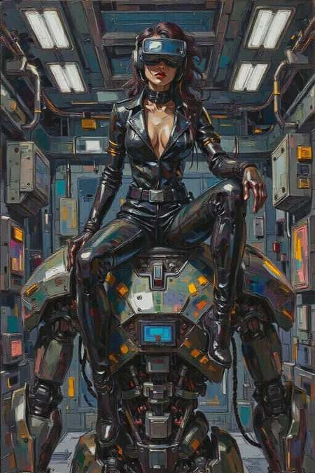 impasto oil painting.
A striking, futuristic scene depicts a woman dressed in sleek, form-fitting leather attire, sitting confidently atop an open power suit, inspired by the cyberpunk aesthetics of Masamune Shirow. The power suit, a blend of advanced technology and military-grade armor, features intricate mechanical details, exposed wiring, and a robust, yet streamlined design. The woman, wearing a cutting-edge VR headset, exudes a sense of control and mastery over the machine beneath her. Her posture is relaxed yet commanding, with one hand resting on the suit’s metallic surface and the other casually holding a piece of advanced tech. The background is a high-tech industrial setting, with dim lighting that casts dramatic shadows, highlighting the fusion of human and machine. The overall atmosphere is one of futuristic coolness and cybernetic elegance, capturing the essence of Shirow’s iconic style <lora:Flux-Sch-SingleBlocks-BF16:1.0> <lora:impasto6_cap_d6a3e11:1.0><lora:804334159486020770:0>