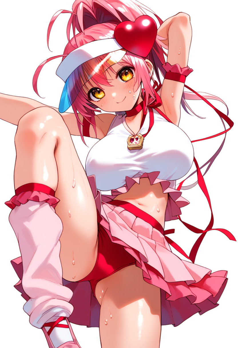 score_9, score_8_up, score_7_up, score_6_up, <lora:hindenburg2:0.8>,anime_lineart
1girl, solo,
<lora:amulet_heart:1> amulet_heart, pink hair, yellow eyes, heart, magical girl, visor cap, lock button, skirt, hair ornament, ponytail, loose socks, pink footwear:0.9
huge breasts,
sweat,  shiny skin,  smile, stretching, standing on one leg, leg_lift, folded, on leg up