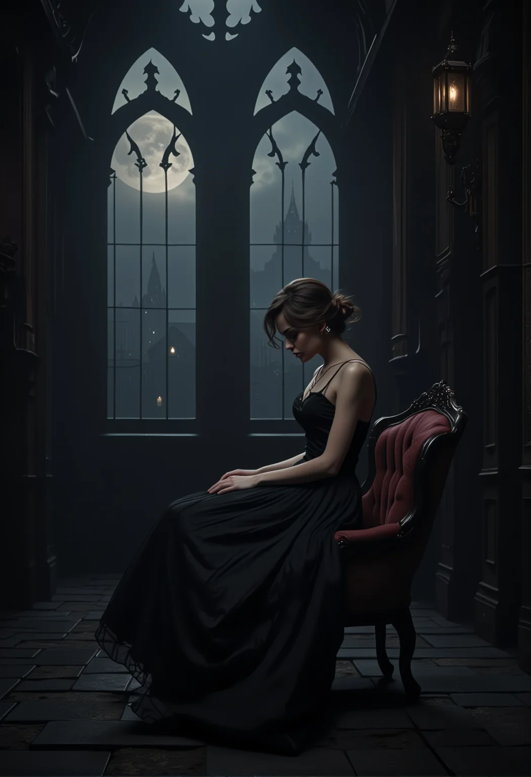 An elegant woman sitting on a vintage armchair, wearing a flowing dark dress, gazing thoughtfully, with moonlight streaming through tall gothic windows. bv-daraca<lora:bv-dark-academia-v1.safetensors:1.0:1.0>