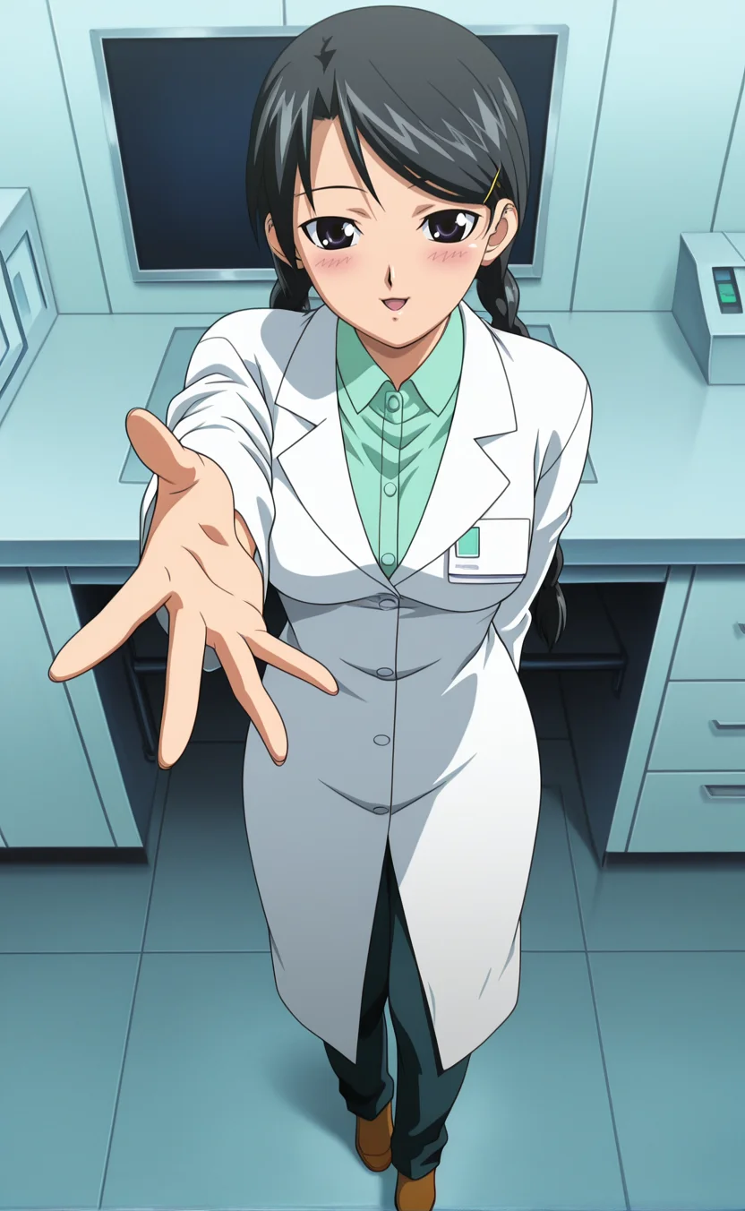 1girl,e1fnsa1t0,anime coloring,2000s \(style\),solo,twin braids,black hair,(black eyes:0.8), ,medium breasts,hairpin,lab coat,indoors,lab,seductive smile ,full body, pants, shoes ,reaching towards viewer ,dutch angle ,,open mouth ,blush,, ,looking at viewer,best quality,masterpiece,sensitive, <lora:elfenliedsaitoNoobAI:1>