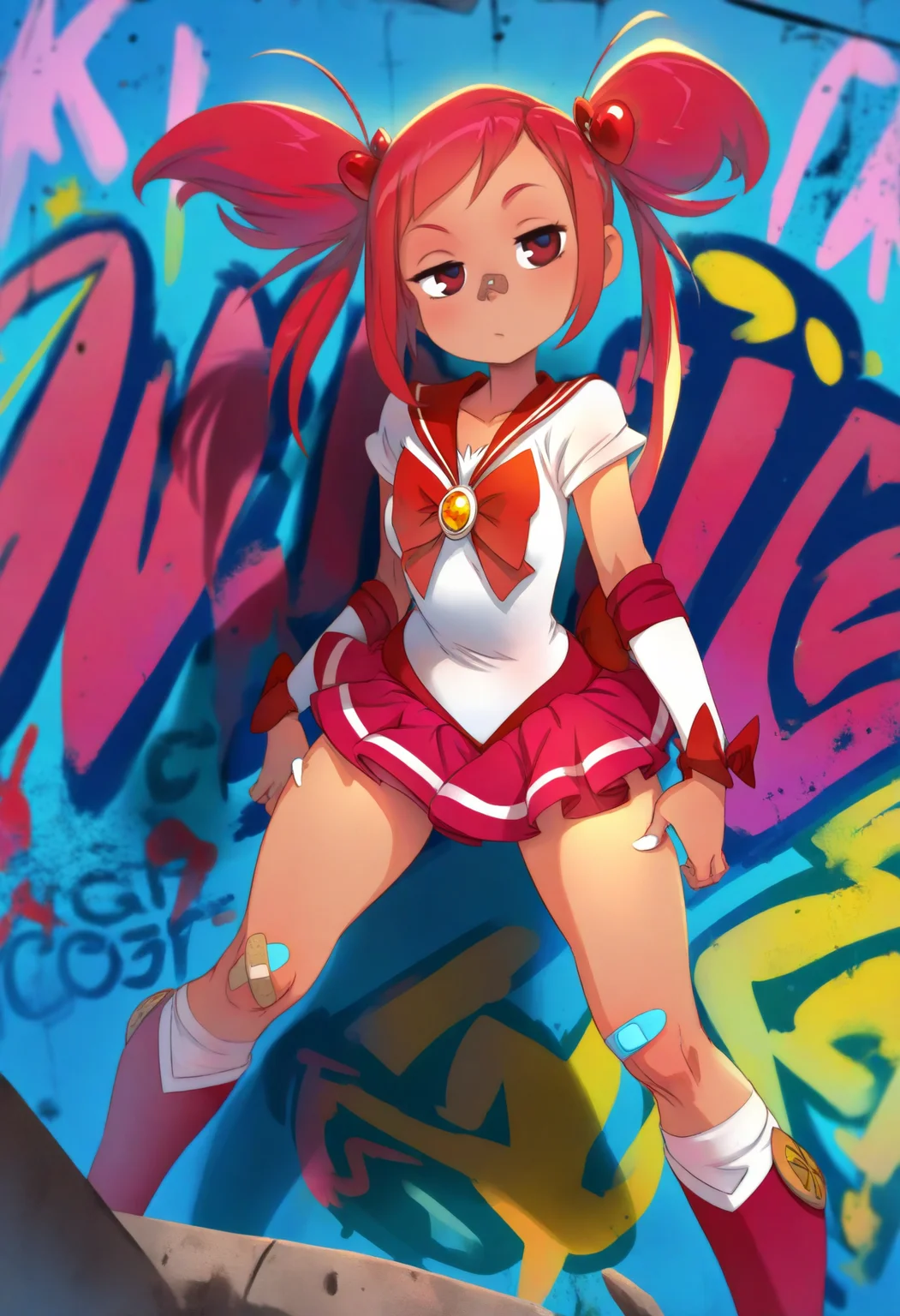 xaxaxa,
masterpiece, best quality,
1girl, twintails, magical girl, red sailor outfit, colorful, graffiti, bored, slouching, squatting, legs apart, bandaid on knee, [refraction|caustics|rim lights|backlighting|bloom]  <lora:XaxaxaIllustriousXL_byKonan:1>