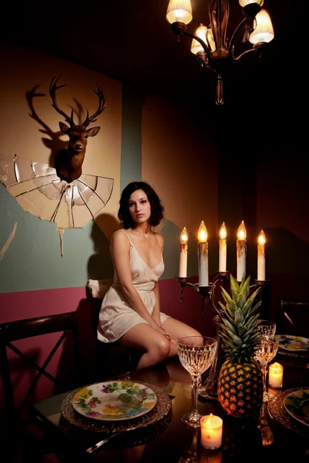 <lora:concept_photography_v3(neon_darkness):1> Behind her a taxidermy deer hangs crooked on a pastel wall beneath a leaking chandelier. One bare leg is propped on a shattered mirror tile. The table is set for a birthday party no one came to with melting neon candles antique crystal glassware and a pineapple centerpiece glowing under moody overhead fluorescents. Off-center framing 2000s editorial lighting harsh shadows flash photography aesthetic unsettling suburban glamour cinematic depth. ohwx woman sits alone in a dimly lit banquet hall wearing a vintage white slip dress stained with paint.