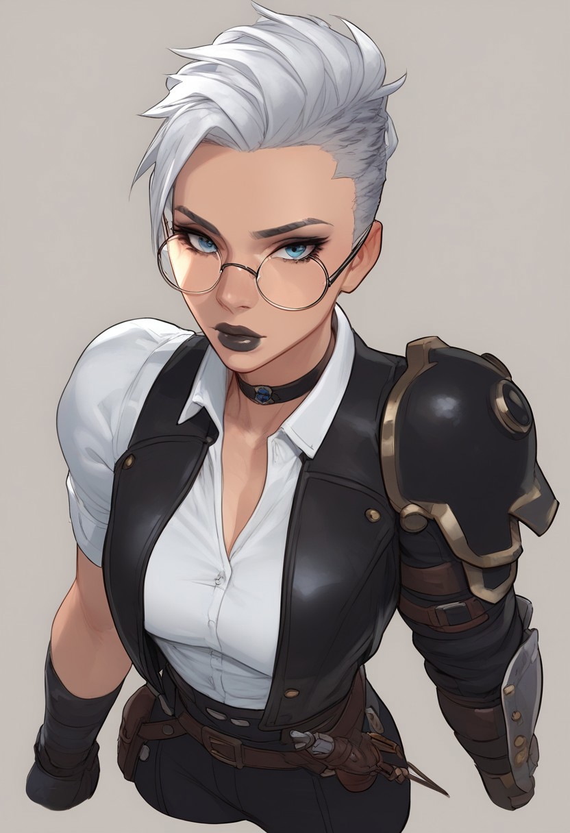 masterpiece,best quality, highly detailed, (tall female:1.2), score_9, score_8_up, score_7_up, solo, from above. upper body, Expressiveh, girl, ((short white hair, undercut, slicked back hair)), side light, blue eyes, (black lips), ((one mechanical arm)), (beautiful body:1.5), (athletic body:1.5), (beautiful breasts), physically fit, slender build, tomboy, wide hips, toned female, thick lips, (white shirt), unbutton, choker, leather vest, leather armor, steel gauntlet, single shoulder armor, black pants, belt pouch, knee guards, ((round glasses)), swings an electrical whip, unique angle, unique perspective, dramatic angle, indors, fantasy tavern, Rim light