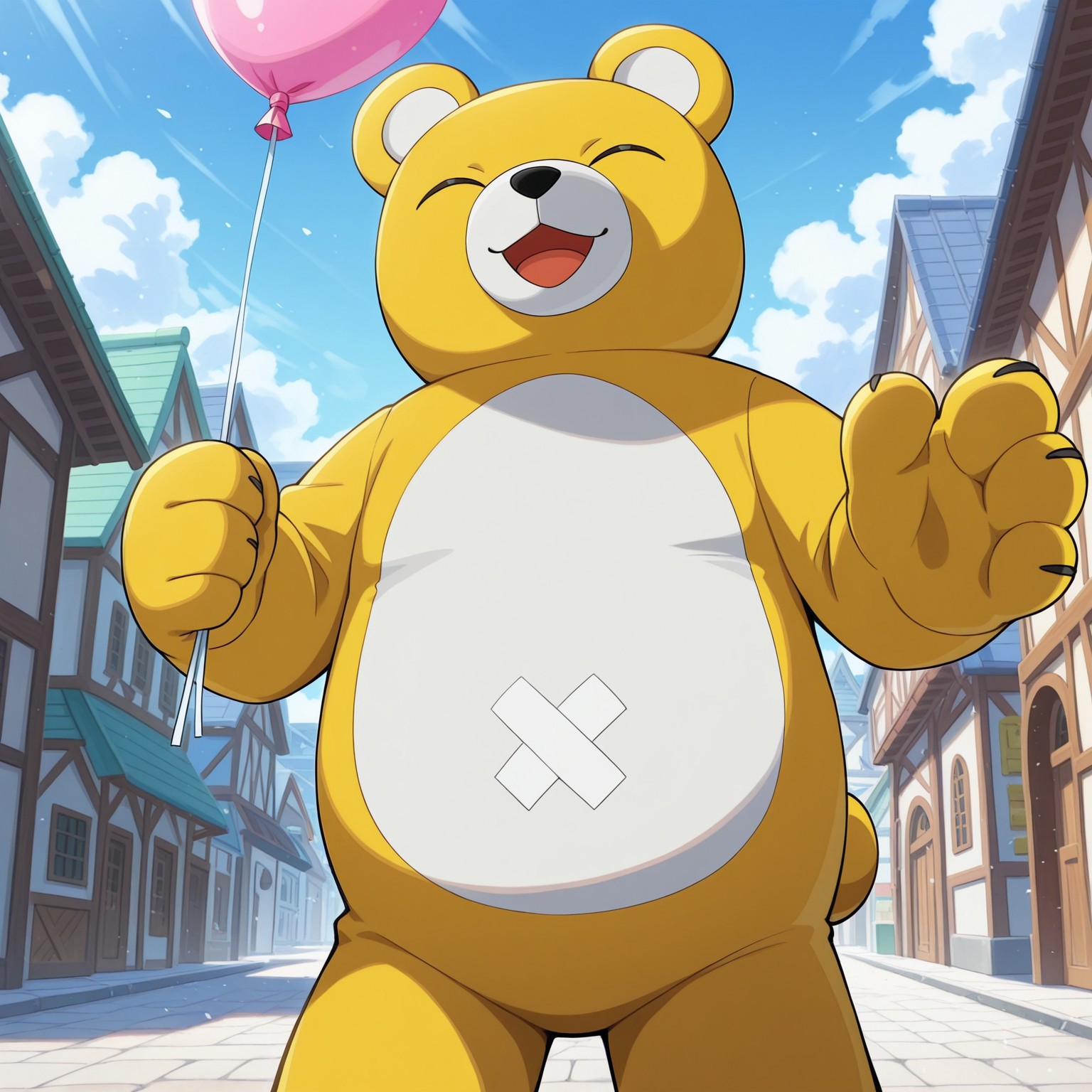 Monzaemon, digimon (creature), solo, male, plush body, bear ears, eyes closed, yellow skin, white skin, two-tone skin, bandaid on belly, 

BREAK open mouth smile, facing viewer, standing, pov, handing balloon to viewer, bar emanata, front view, outside, sunny day, town, 

BREAK best quality, amazing quality, very aesthetic, absurdres, newest, masterpiece, high quality