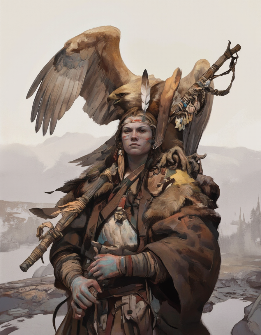 A digitally illustrated drawing in comic book style.
A young woman with a fierce, determined expression, set against a misty, ethereal background. She is dressed in a rugged, tattered outfit consisting of a brown, fur-lined cloak with patches of fur visible. Her attire is adorned with various animal skins and fur, giving it a primitive, survivalist appearance. She wears a headband with feathers, and her hair is tied back with a similar feather. Her skin is marked with tribal tattoos, and her face is painted with war paint, adding to her warrior-like demeanor.
In her right hand, she holds a long, wooden staff wrapped in twine and adorned with small, decorative objects. Perched on her left shoulder is a large, golden-brown eagle with outstretched wings, its beak open in a fierce cry. The eagle's feathers are detailed, showing a gradient from light to dark brown, with a prominent yellow beak and talons.
The background is a misty, foggy landscape with a pale, overcast sky, suggesting a cold, remote environment. The image exudes a sense of adventure and resilience, capturing the essence of a skilled hunter or warrior. The overall style is realistic with a touch of fantasy, emphasizing the character's strength. <lora:Comic_book_opus_IV:0.25>