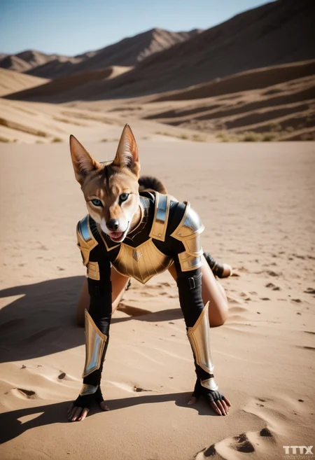 ass, tail jackal, (doggy pose), doggy style, no panties, hands and feet on the ground,
The armored Queen of jackals, female jackal, 18 years old, fur armor with diamond filigree, zoomed out:.10, raw, masterpiece, extremely detailed photo, extreme ultra best picture, extreme ultra intricate creative detail, extreme hyper realistic detail, extreme ultra hyper photo realism, extreme ultra-hyper immersive visuals, extreme 3D realistic, ultra 4080p, HD, VFX, SFX, FKAA, TXAA, RTX, SSAO, full portrait,