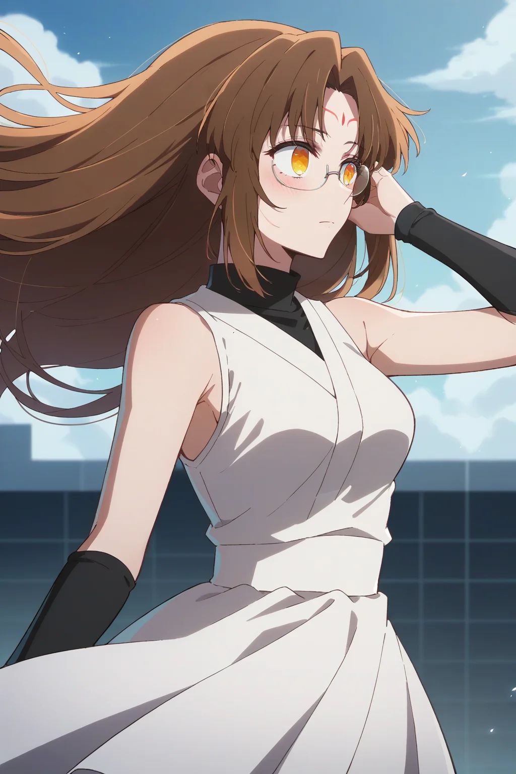 score_9, score_8_up, score_7_up, 1girl, prefect lighting, very aesthetic, intricate details, highly detailed background, masterpiece, high quality, prefect hands, best quality, solo,
<lora:Kana_Arima_Tsurugi_Oshi_No_Ko_V1:.85>, kjotsurugi, brown hair, orange eyes, forehead mark, parted bangs, single horn, long hair, 
white sundress, bare shoulders, expressionless, looking to the side, blush, embarrassed, glasses,
adjusting hair, wind,
rooftop,
(Beautiful, medium Breasts:1.2), natural breasts,